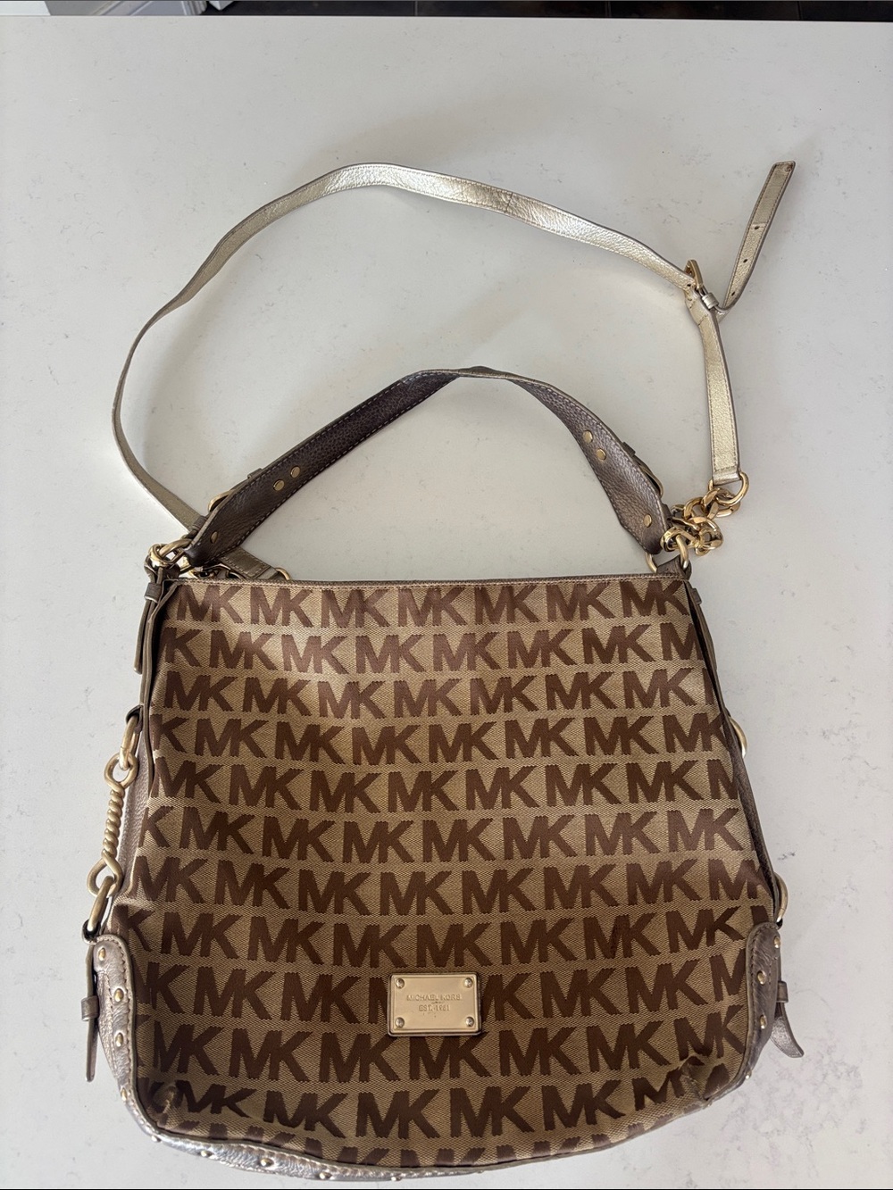 Michael Kors Brown Monogram Shoulder Bag with Gold Hardware